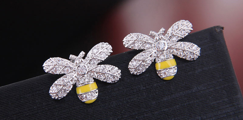 Fashion Silver Copper Micro Inlaid Zircon Bee Stud Earrings,Stud Earrings