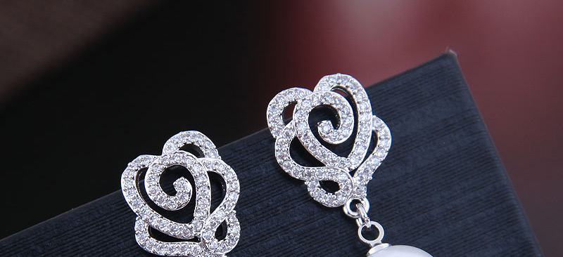 Fashion Silver Copper Micro Inlaid Zircon Rose Pearl Stud Earrings,Drop Earrings