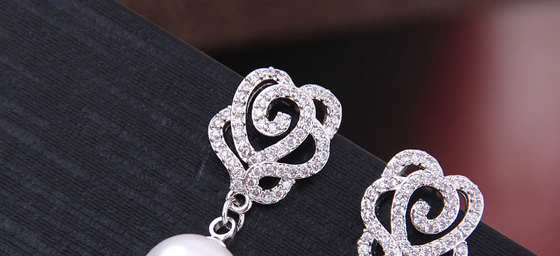 Fashion Silver Copper Micro Inlaid Zircon Rose Pearl Stud Earrings,Drop Earrings