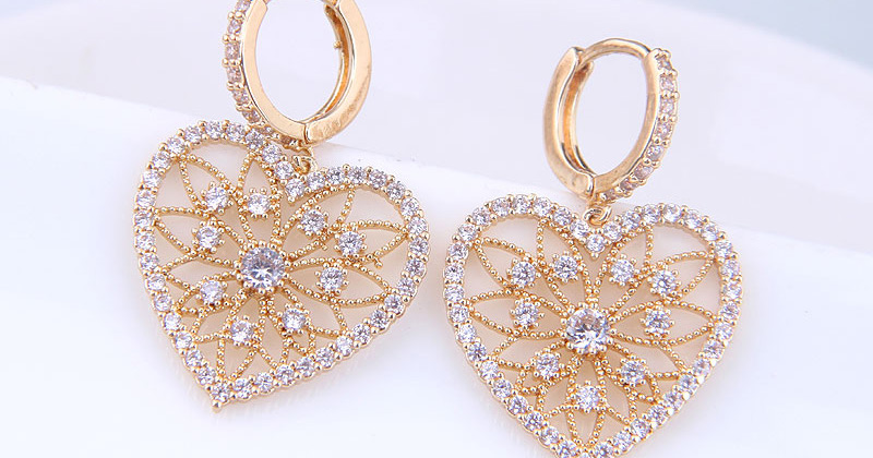 Fashion Gold Copper Micro Inlaid Zircon Shines Hollow Love Earrings,Stud Earrings
