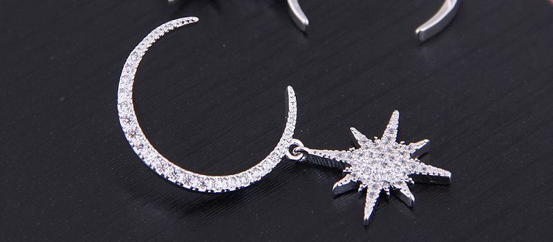 Fashion Silver Copper Micro-inlaid Zircon Star And Moon Earrings,Drop Earrings