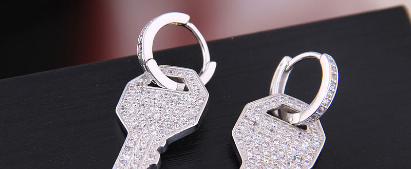 Fashion Silver Copper Micro Inlaid Zircon Key Stud Earrings,Drop Earrings