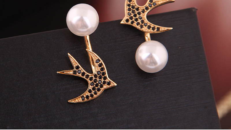 Fashion Gold Copper Micro Inlaid Zircon Swallow Pearl Earrings,Stud Earrings