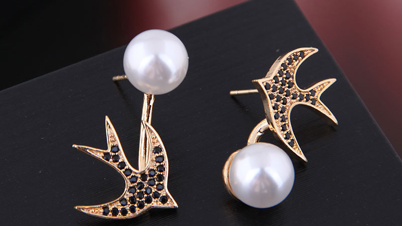 Fashion Gold Copper Micro Inlaid Zircon Swallow Pearl Earrings,Stud Earrings