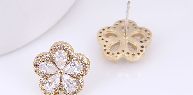 Fashion Gold Copper Micro Inlaid Zircon Petal Earrings,Stud Earrings