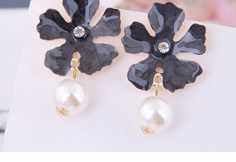 Fashion Black Metal Flower Pearl Earrings,Drop Earrings