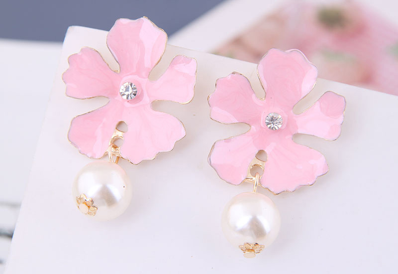 Fashion Pink Metal Flower Pearl Earrings,Drop Earrings
