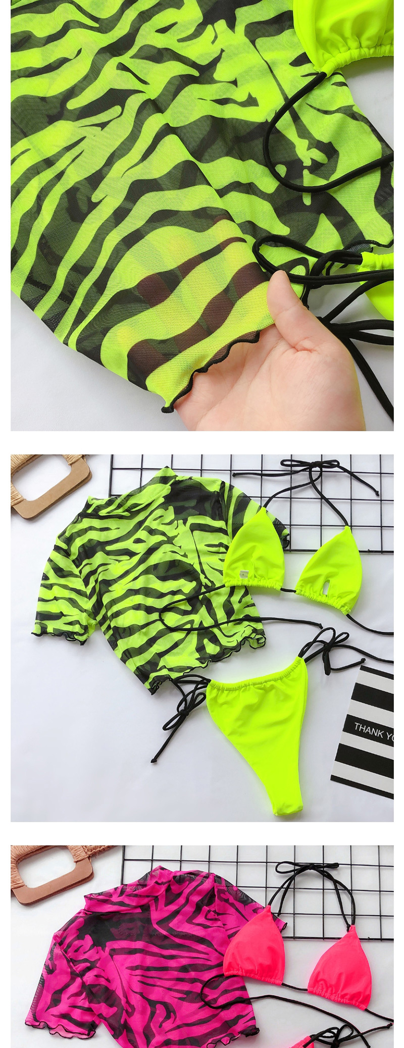 Fashion Fluorescent Green Three Print Split Swimsuits,Swimwear Sets