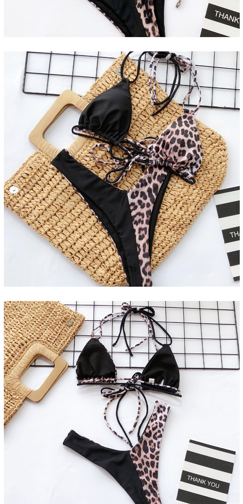 Fashion Leopard Leopard Stitching Hanging Neck Split Swimsuit,Bikini Sets