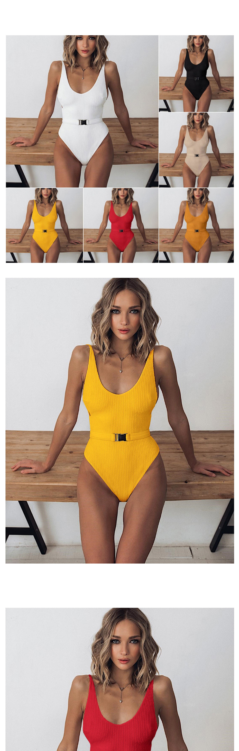 Fashion Apricot Solid Color Belt Buckle One-piece Swimsuit,One Pieces