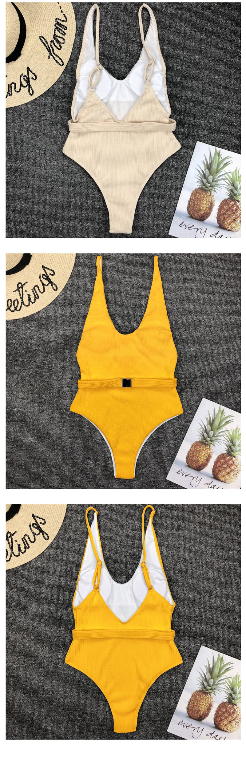 Fashion Bright Yellow Solid Color Belt Buckle One-piece Swimsuit,One Pieces