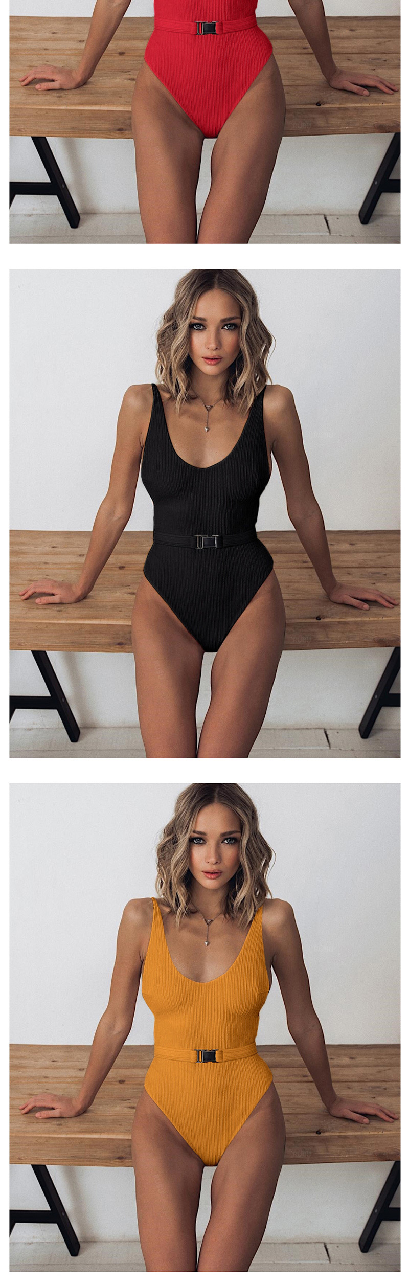 Fashion Red Solid Color Belt Buckle One-piece Swimsuit,One Pieces