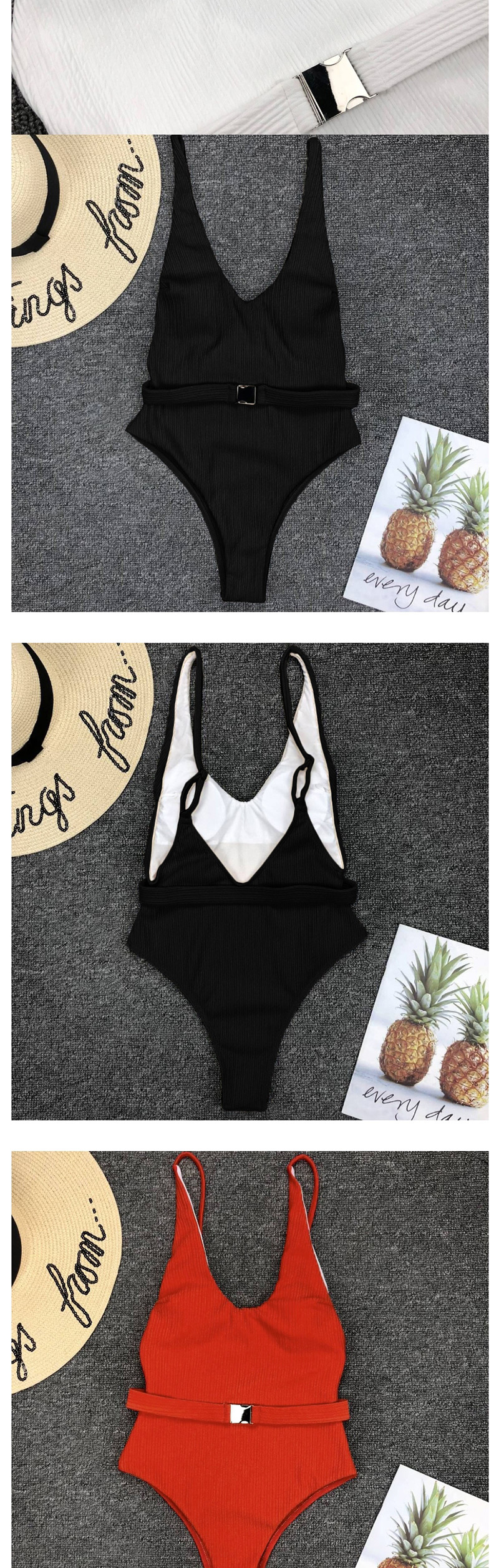 Fashion Black Solid Color Belt Buckle One-piece Swimsuit,One Pieces