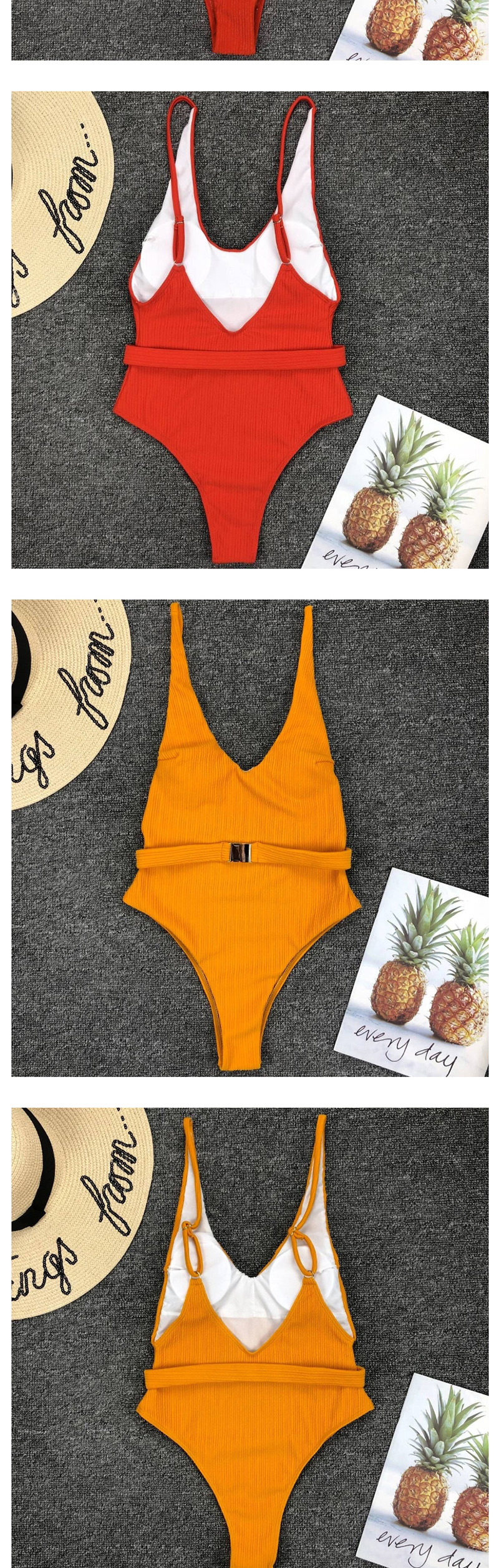 Fashion Orange Solid Color Belt Buckle One-piece Swimsuit,One Pieces