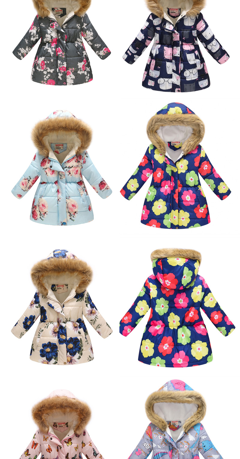 Fashion Leopard Flower Print Cartoon Fur Collar Big Boy Hooded Cotton Coat,Kids Clothing