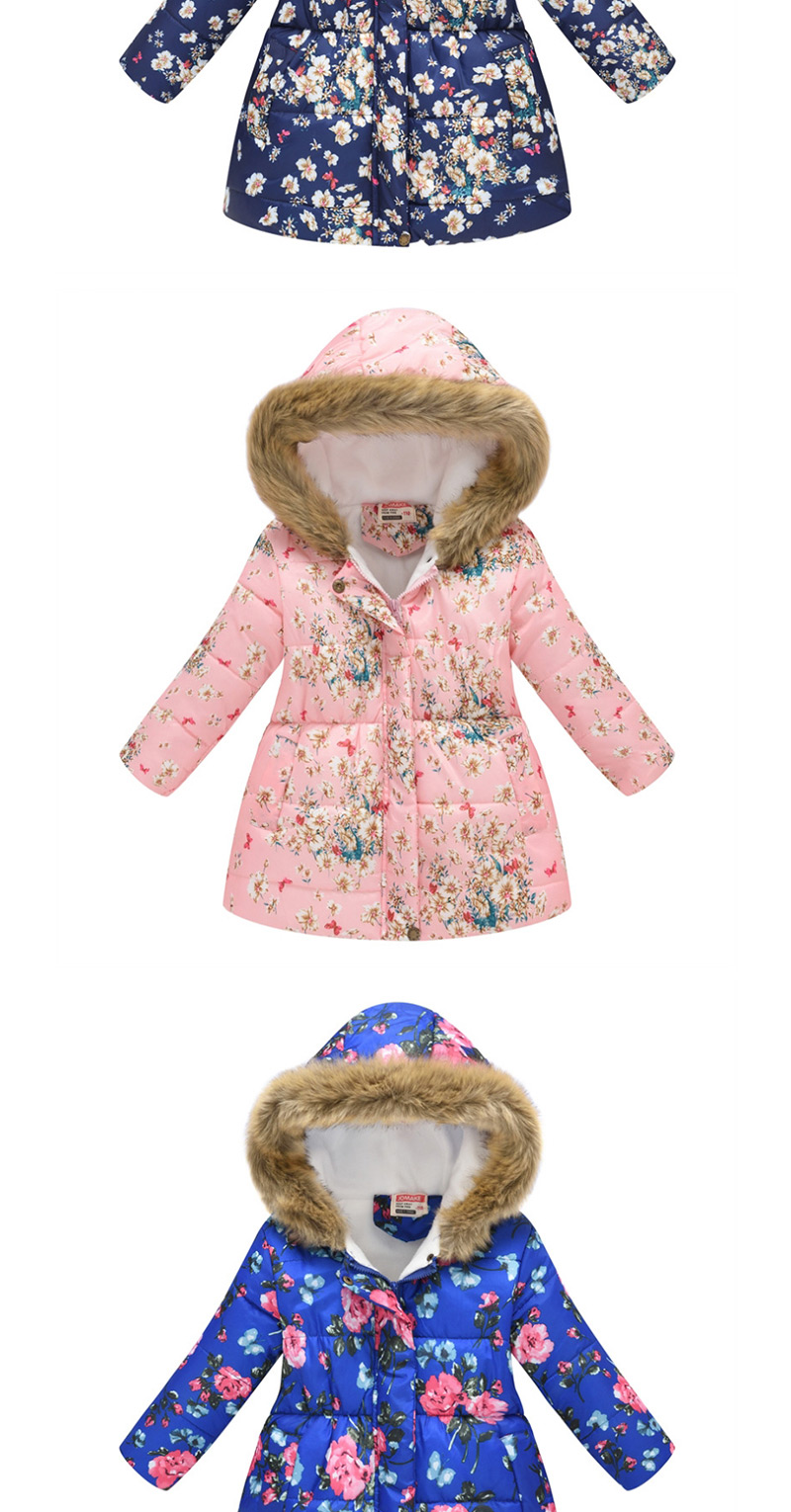 Fashion Blue Flower Flower Print Cartoon Fur Collar Big Boy Hooded Cotton Coat,Kids Clothing