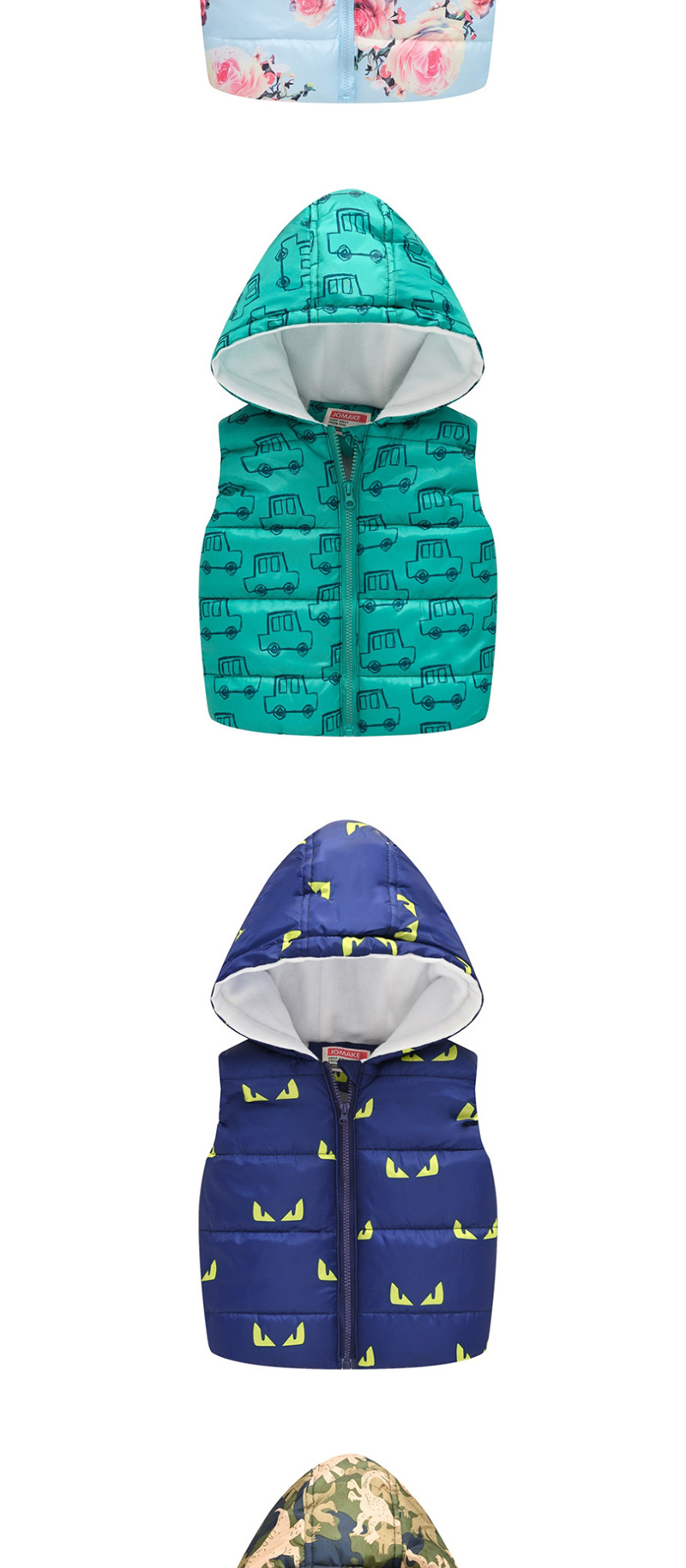 Fashion Lake Green Car Cartoon Hooded Zipper Child Cotton Vest,Kids Clothing