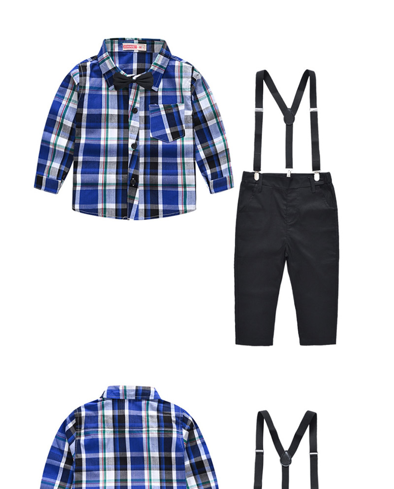 Fashion Dark Blue Shirt + Bib Plaid Shirt Cotton Bib Set To Send Bow Tie,Kids Clothing