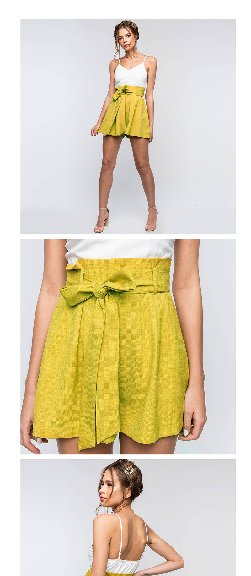 Fashion Ginger Yellow Solid Color Bandage High Waist Shorts,Shorts