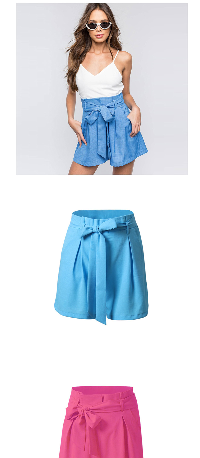 Fashion Blue Solid Color Bandage High Waist Shorts,Shorts
