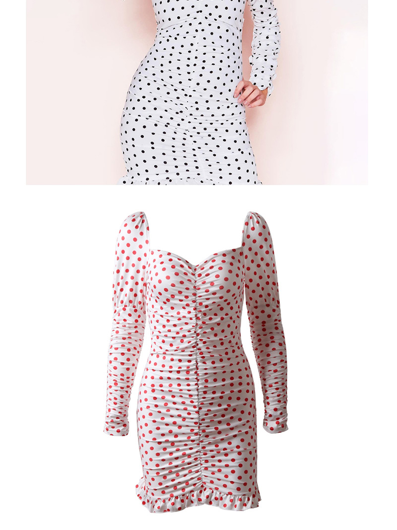 Fashion Red Wave Point On White Pleated Polka Dot Print V-neck Dress,Mini & Short Dresses
