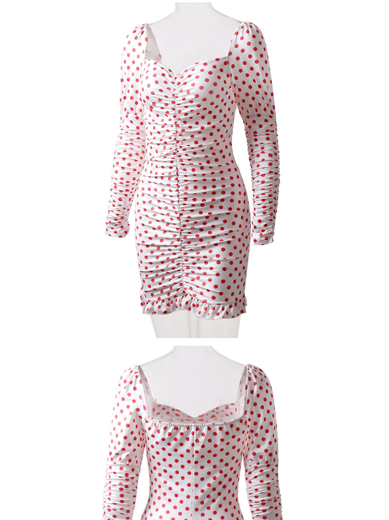 Fashion Red Wave Point On White Pleated Polka Dot Print V-neck Dress,Mini & Short Dresses