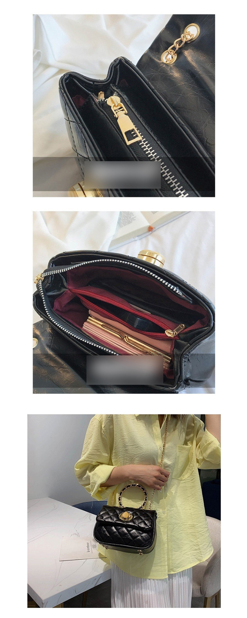 Fashion Black Diamond Chain Portable Ring Shoulder Messenger Bag,Handbags