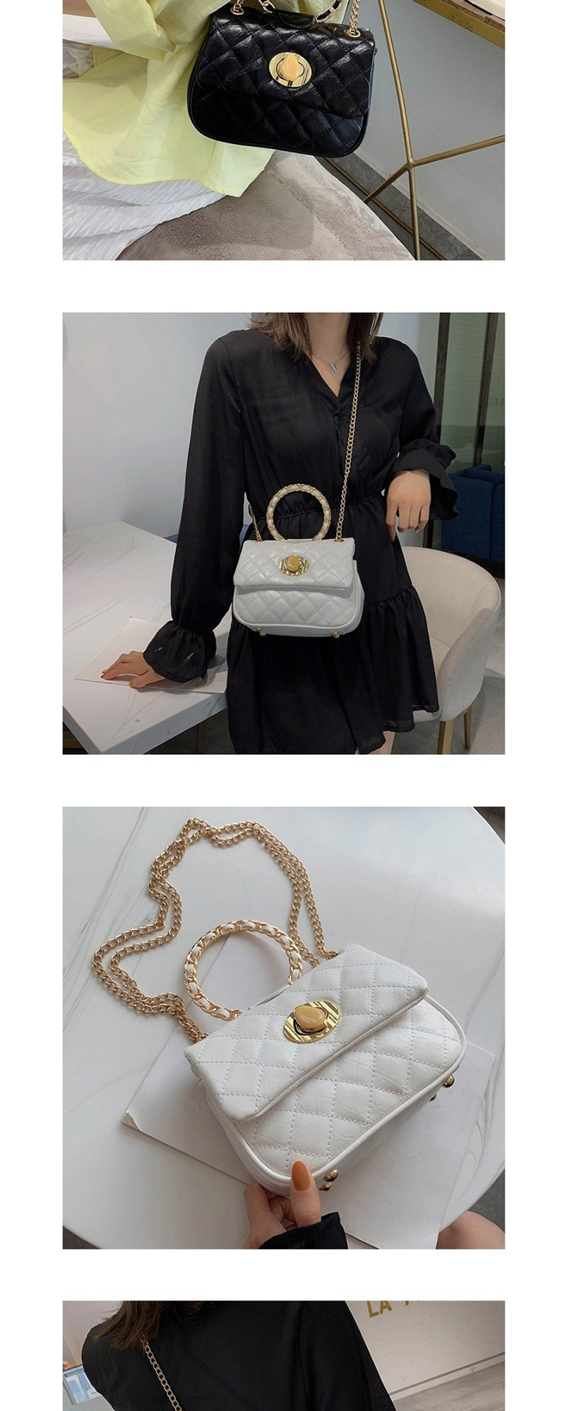 Fashion Black Diamond Chain Portable Ring Shoulder Messenger Bag,Handbags