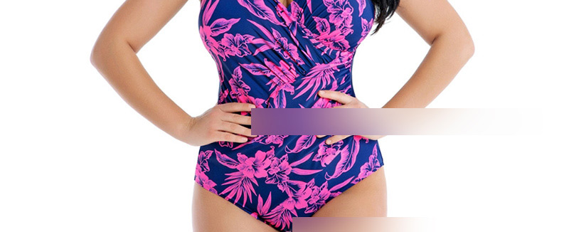Fashion Purple Printed Pleated One-piece Swimsuit,Swimwear Plus Size