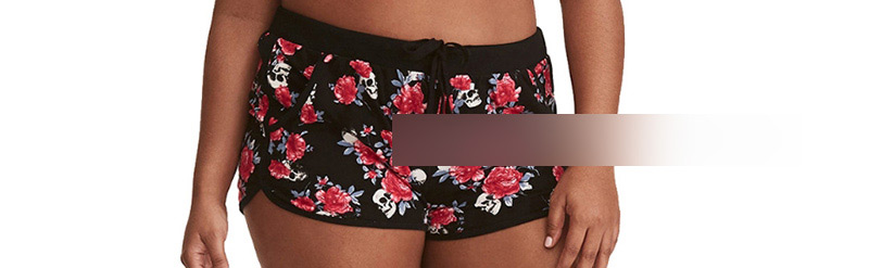 Fashion Black Flowers Boxer Shorts Bikini,Swimwear Plus Size