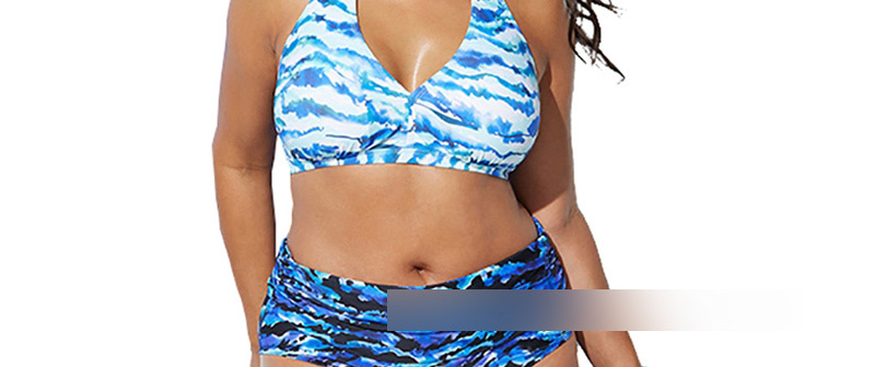 Fashion Blue Striped Gradient High Waist Bikini,Swimwear Plus Size