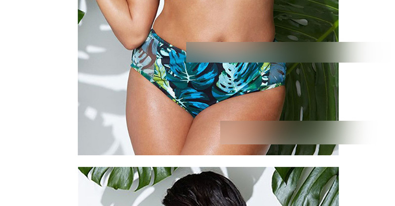 Fashion Blue Printed Green Leaf High Waist Bikini,Swimwear Plus Size