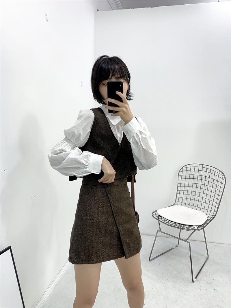 Fashion Brown Short Vest + Stitching Skirt Set,Tank Tops & Camis