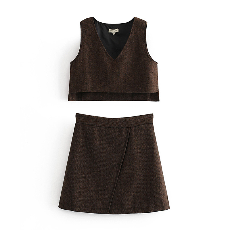 Fashion Brown Short Vest + Stitching Skirt Set,Tank Tops & Camis