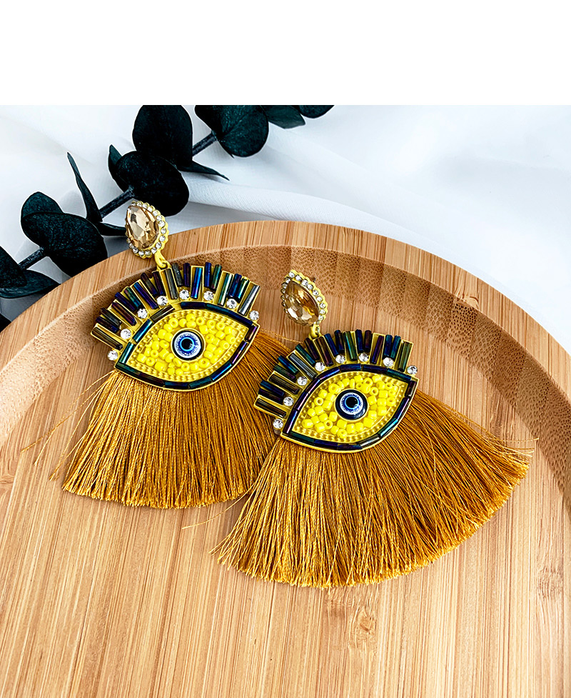 Fashion Khaki Alloy Rice Bead Resin With Large Eyes And Tassel Earrings,Drop Earrings