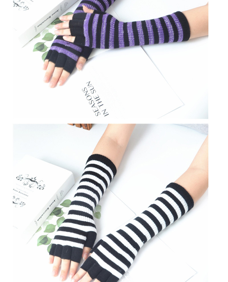 Fashion Black + Purple Wool Half Finger Striped Gloves,Fingerless Gloves