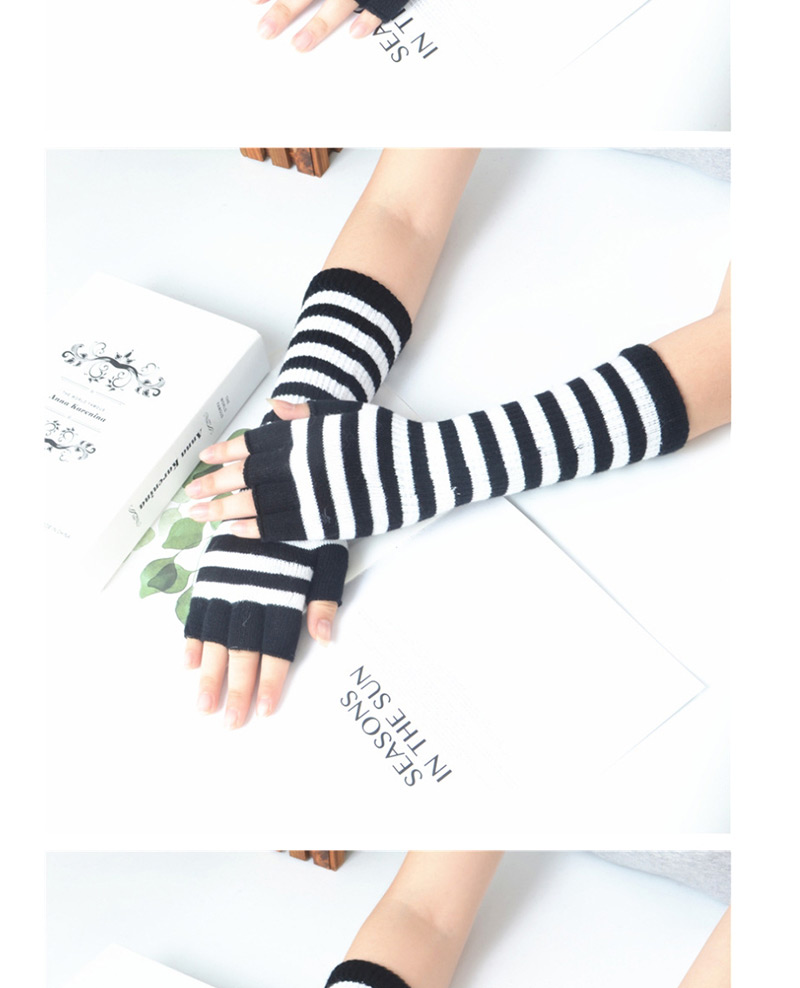 Fashion Black + Purple Wool Half Finger Striped Gloves,Fingerless Gloves