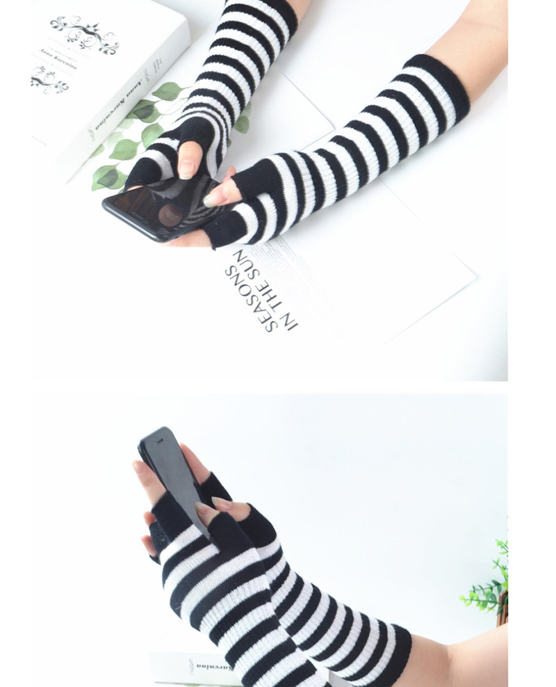 Fashion Black + White Wool Half Finger Striped Gloves,Fingerless Gloves