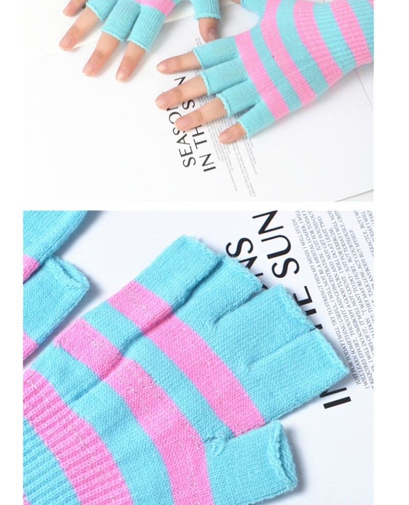 Fashion Powder + Blue Wool Half Finger Striped Gloves,Fingerless Gloves