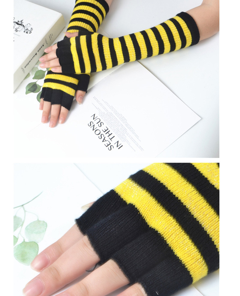 Fashion Black + White Wool Half Finger Striped Gloves,Fingerless Gloves