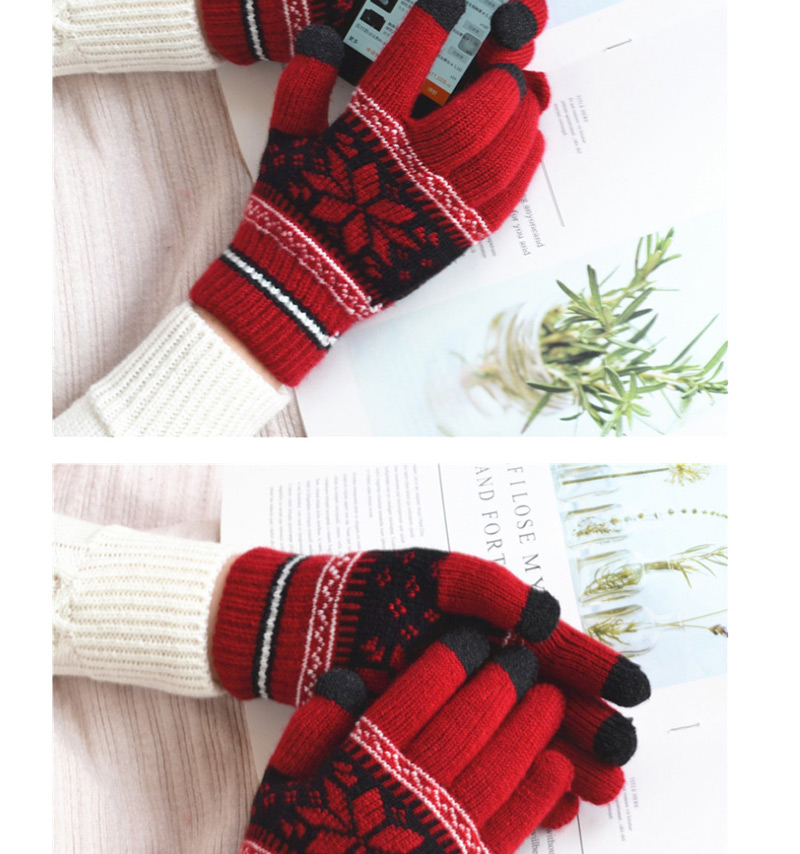 Fashion Jujube Red Plush Wool Knitted Snowflakes Finger Touch Screen Gloves,Full Finger Gloves
