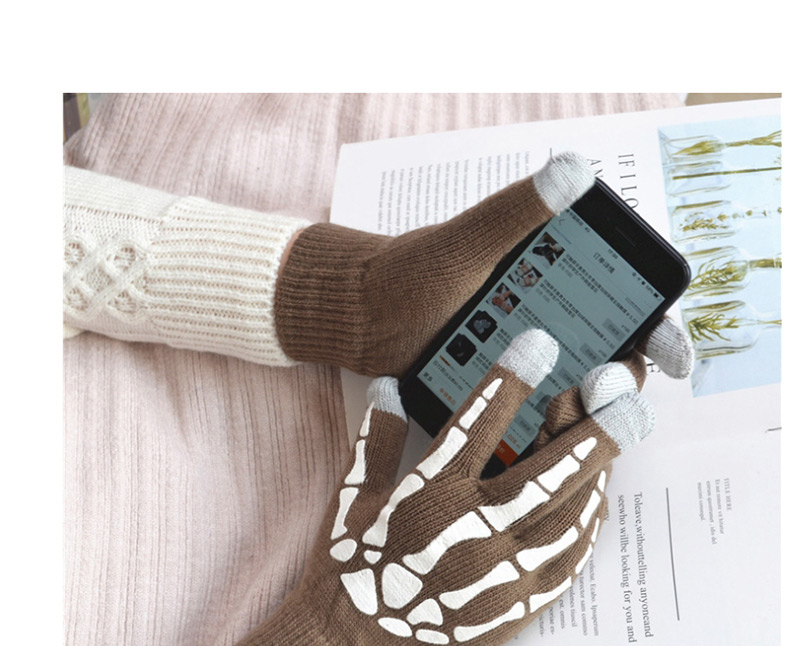 Fashion Khaki Pink Ghost Claw Touch Screen Skull Halloween Wool Gloves,Full Finger Gloves