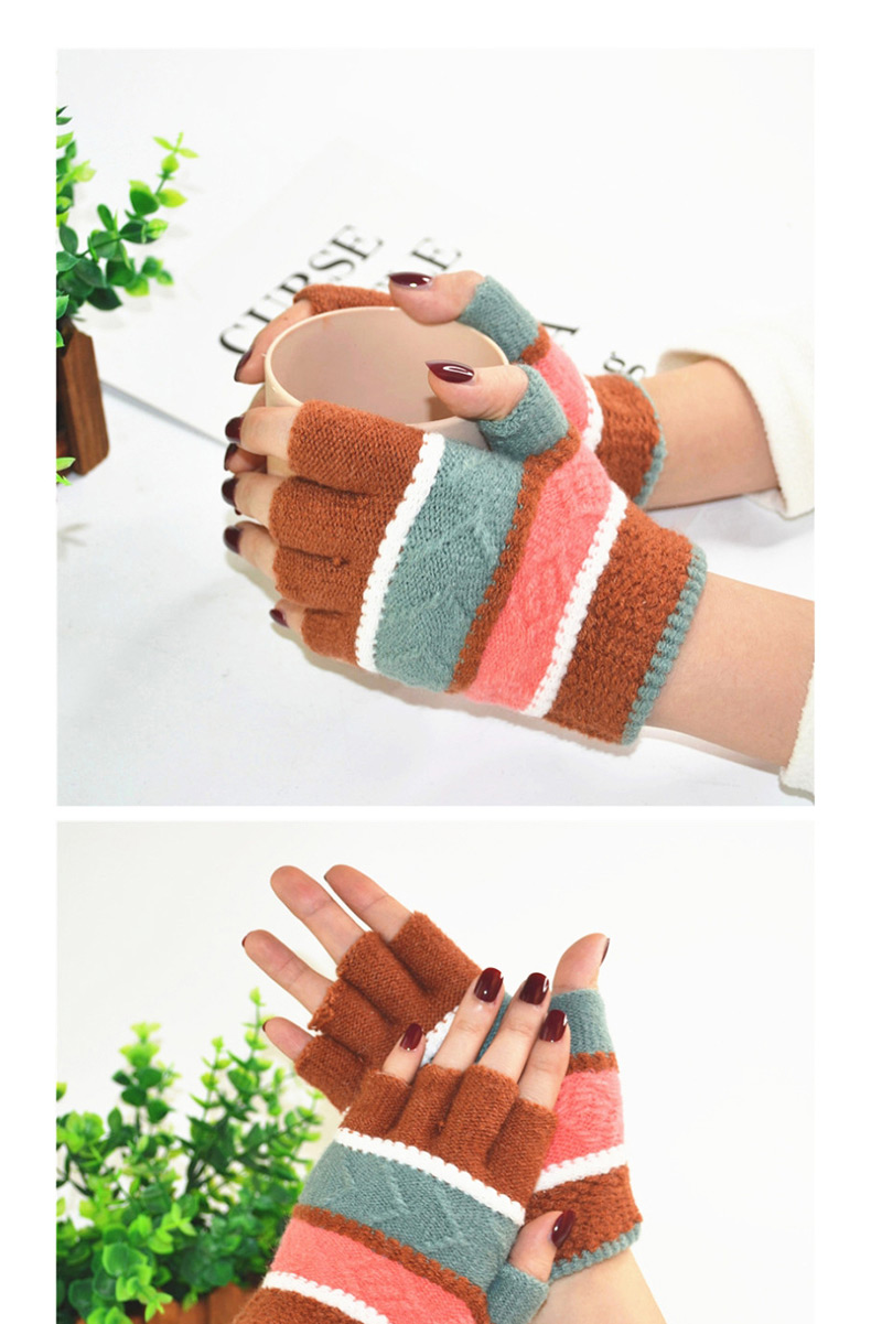 Fashion Khaki Thin Striped Knit Half Finger Gloves,Fingerless Gloves