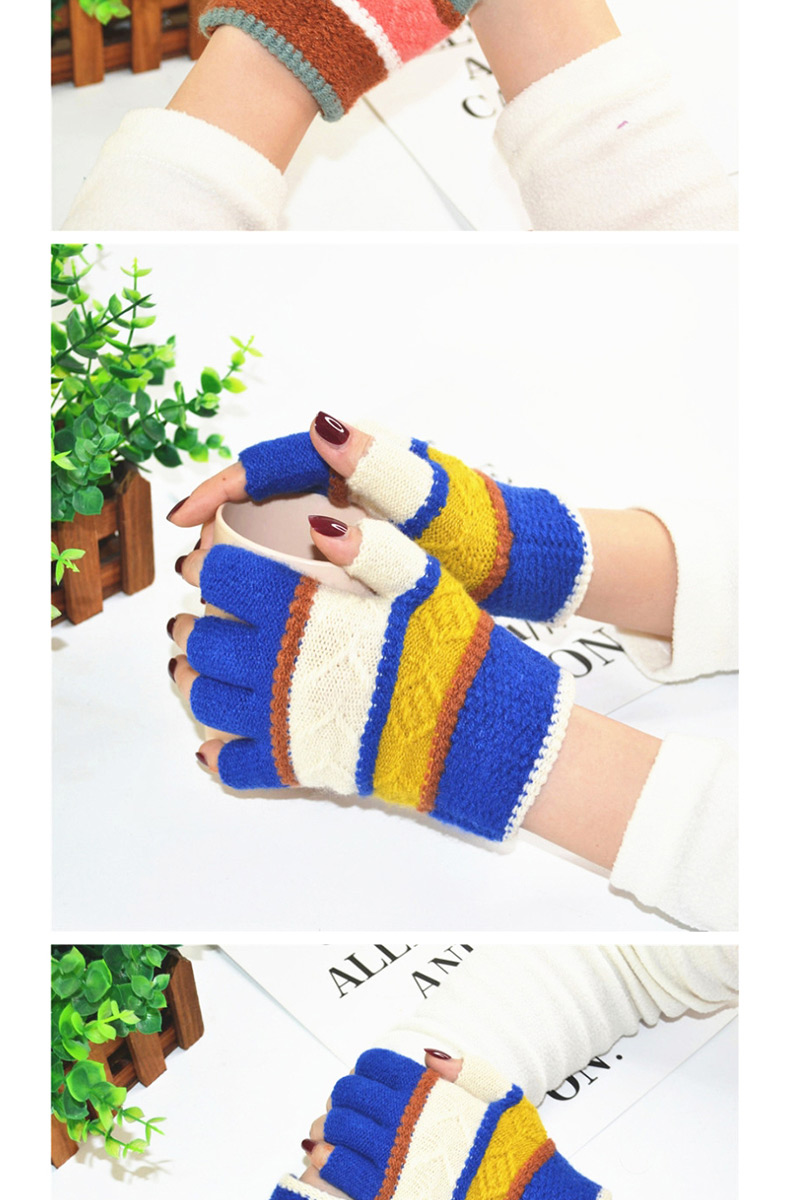 Fashion Khaki Thin Striped Knit Half Finger Gloves,Fingerless Gloves