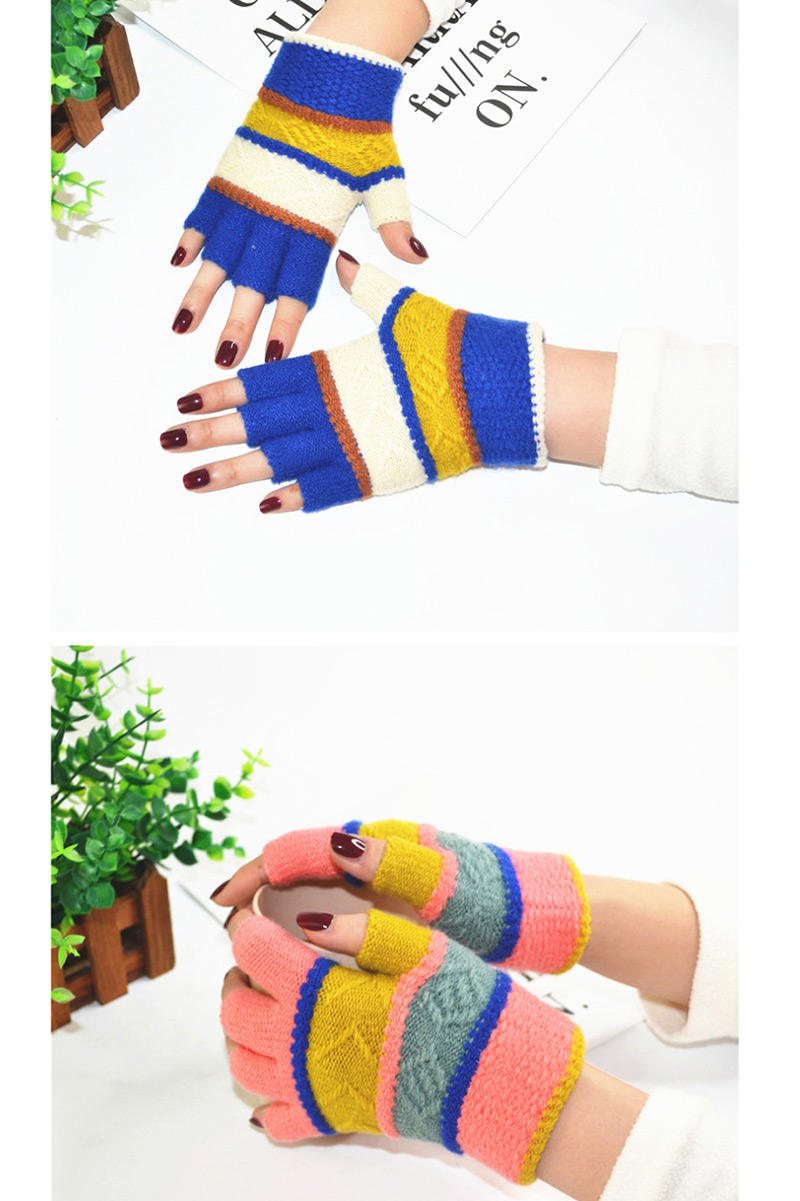 Fashion Pink Thin Striped Knit Half Finger Gloves,Fingerless Gloves