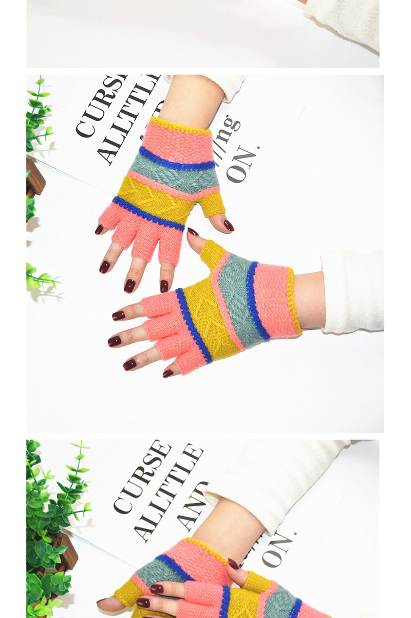 Fashion Pink Thin Striped Knit Half Finger Gloves,Fingerless Gloves