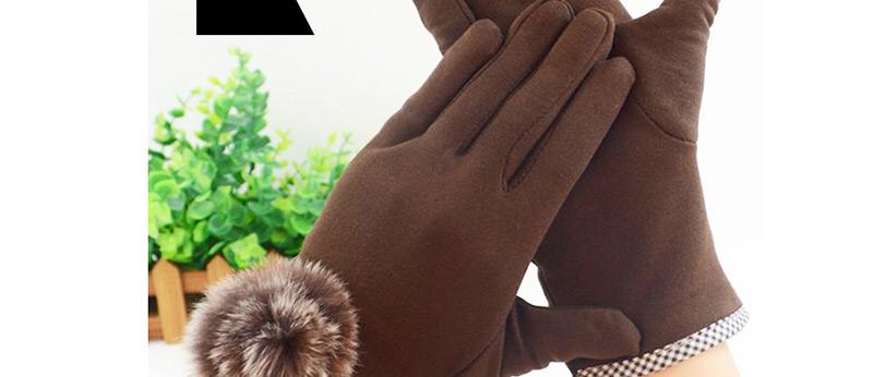 Fashion Brown Hair Ball Thin Brushed Five-finger Gloves,Full Finger Gloves