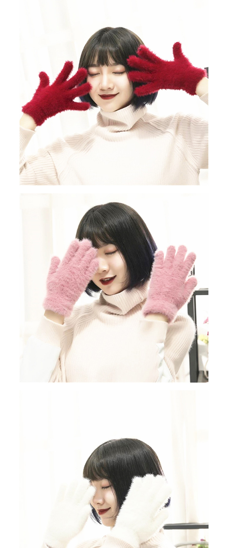 Fashion White Plush Touch Screen Five-finger Gloves,Full Finger Gloves