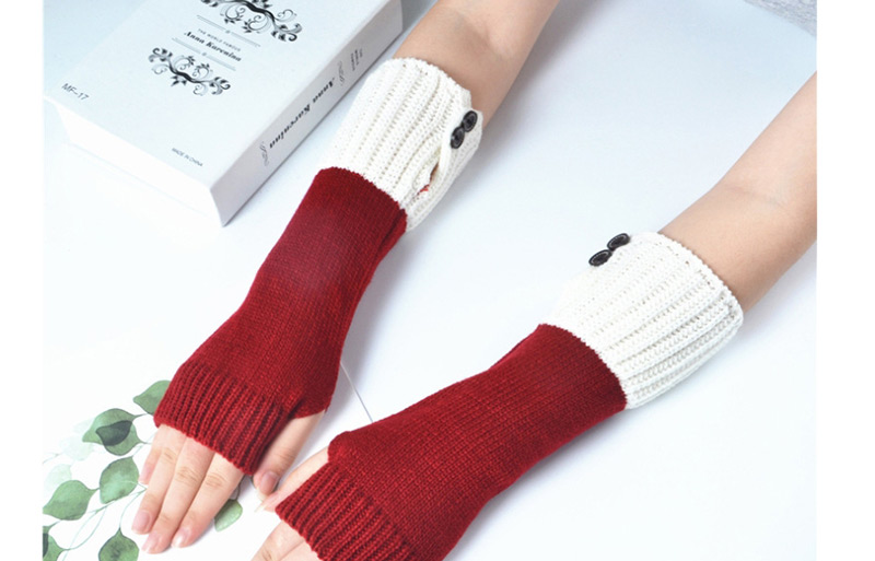 Fashion Wine Red + White Knitting Half Finger Color Matching Arm Sleeve,Fingerless Gloves