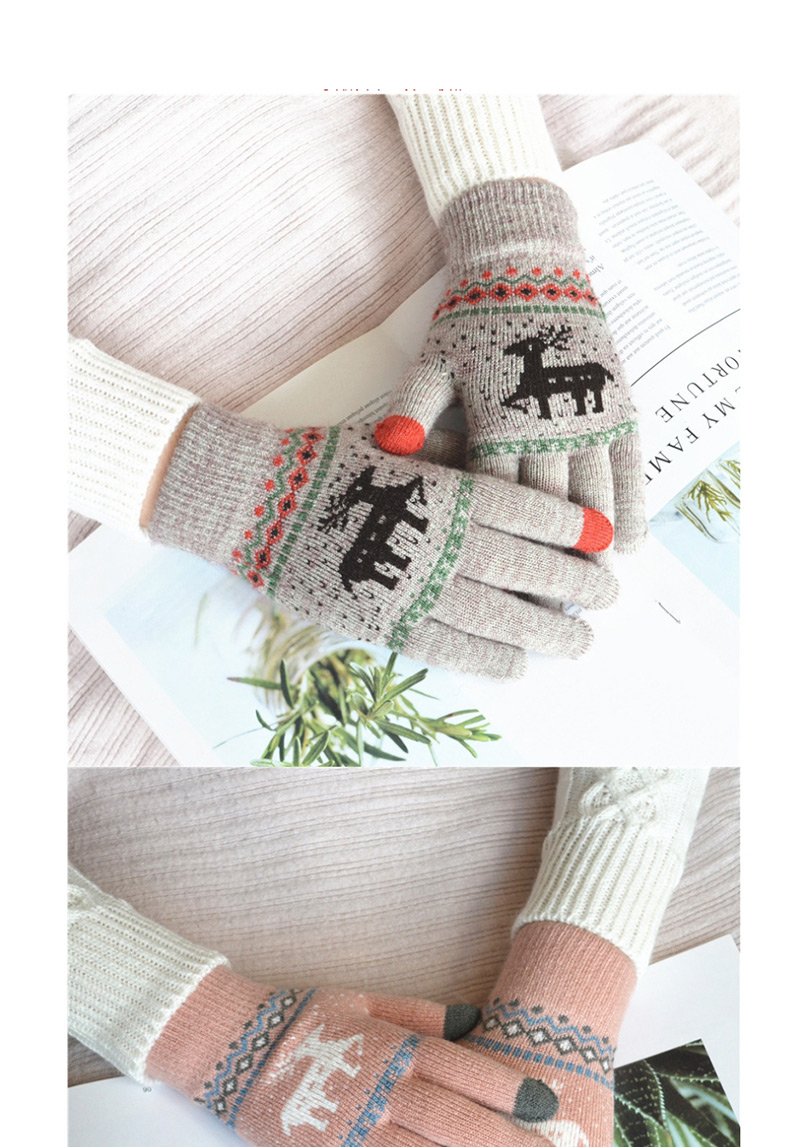 Fashion Khaki Fawn Christmas Plus Velvet Touch Screen Knitted Woolen Gloves,Full Finger Gloves